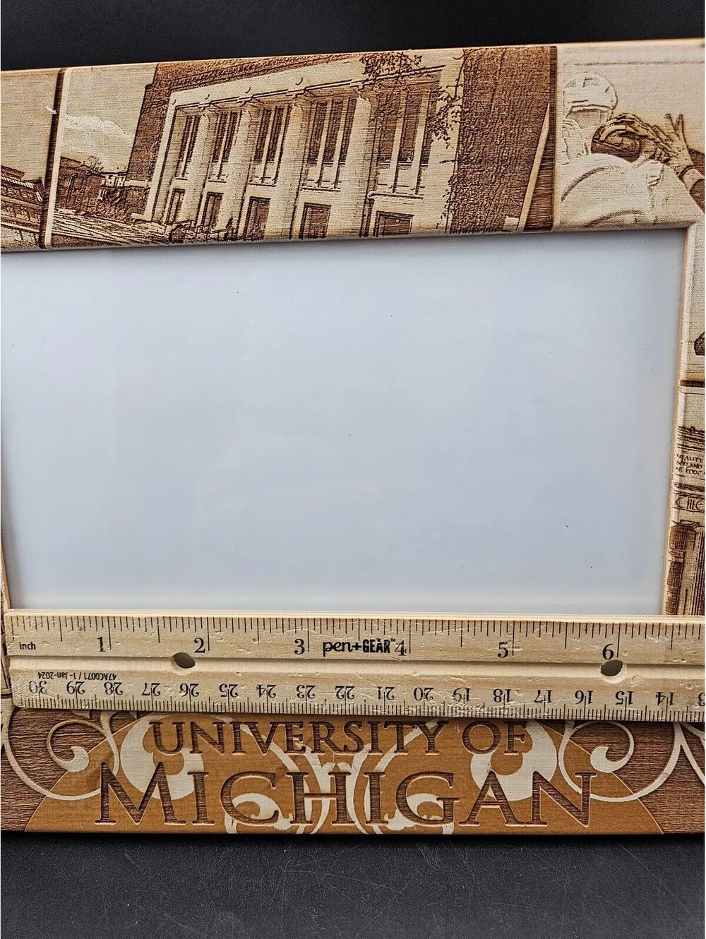 University of Michigan Wooden Photo Frame with Campus and Football Engraved 9x7